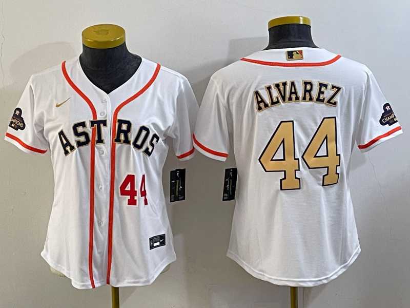 Women's Houston Astros #44 Yordan Alvarez Number 2023 White Gold World Serise Champions Patch Cool Base Stitched Jerseys,We sell and wholesale Women's Houston Astros #44 Yordan Alvarez Number 2023 White Gold World Serise Champions Patch Cool Base Stitched Jerseys on line form chian!