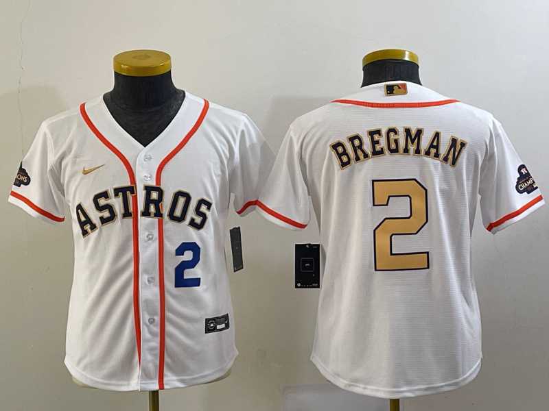 Youth Houston Astros #2 Alex Bregman Number 2023 White Gold World Serise Champions Patch Cool Base Jersey,We sell and wholesale Youth Houston Astros #2 Alex Bregman Number 2023 White Gold World Serise Champions Patch Cool Base Jersey on line form chian!