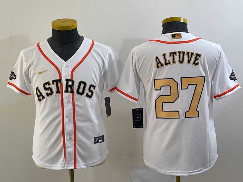 Youth Houston Astros #27 Jose Altuve 2023 White Gold World Serise Champions Patch Cool Base Stitched Jersey,We sell and wholesale Youth Houston Astros #27 Jose Altuve 2023 White Gold World Serise Champions Patch Cool Base Stitched Jersey on line form chian!