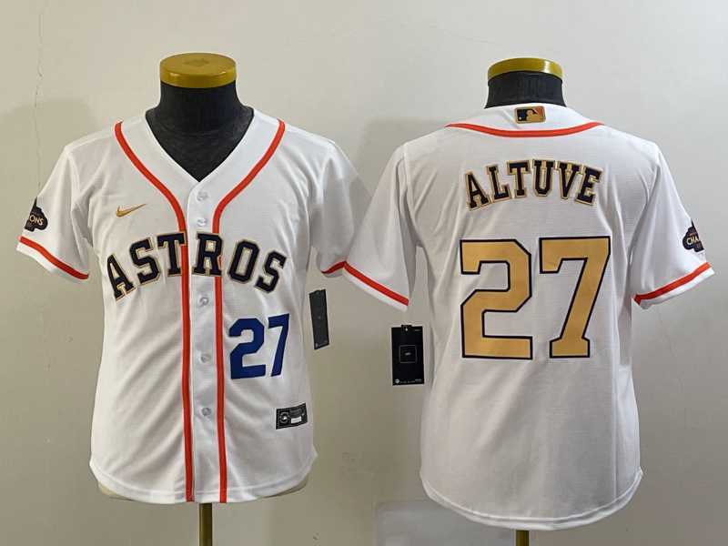 Youth Houston Astros #27 Jose Altuve Number 2023 White Gold World Serise Champions Patch Cool Base Jersey,We sell and wholesale Youth Houston Astros #27 Jose Altuve Number 2023 White Gold World Serise Champions Patch Cool Base Jersey on line form chian!