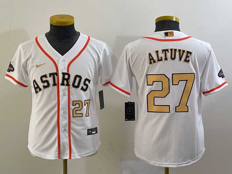 Youth Houston Astros #27 Jose Altuve Number 2023 White Gold World Serise Champions Patch Cool Base Stitched Jerseys,We sell and wholesale Youth Houston Astros #27 Jose Altuve Number 2023 White Gold World Serise Champions Patch Cool Base Stitched Jerseys on line form chian!