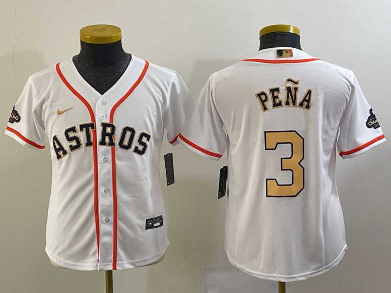 Youth Houston Astros #3 Jeremy Pena 2023 White Gold World Serise Champions Patch Cool Base Stitched Jersey,We sell and wholesale Youth Houston Astros #3 Jeremy Pena 2023 White Gold World Serise Champions Patch Cool Base Stitched Jersey on line form chian!