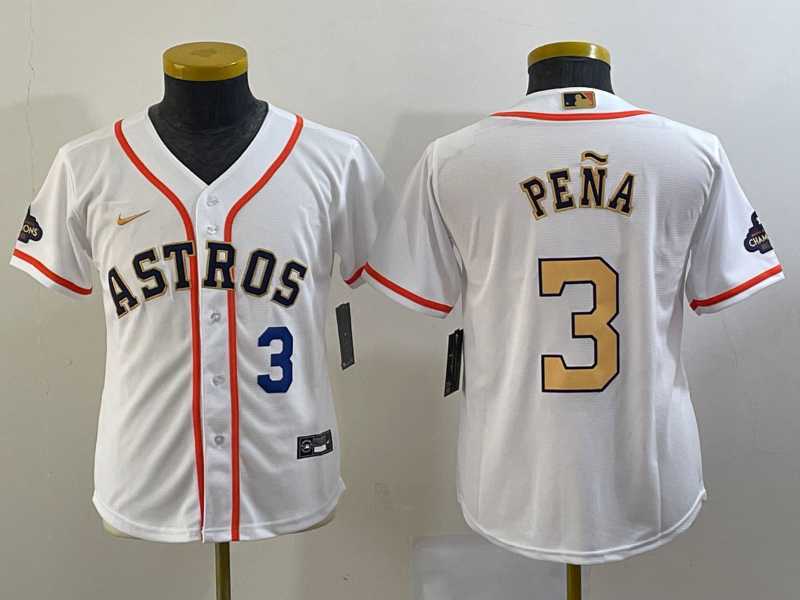 Youth Houston Astros #3 Jeremy Pena Number 2023 White Gold World Serise Champions Patch Cool Base Jersey,We sell and wholesale Youth Houston Astros #3 Jeremy Pena Number 2023 White Gold World Serise Champions Patch Cool Base Jersey on line form chian!