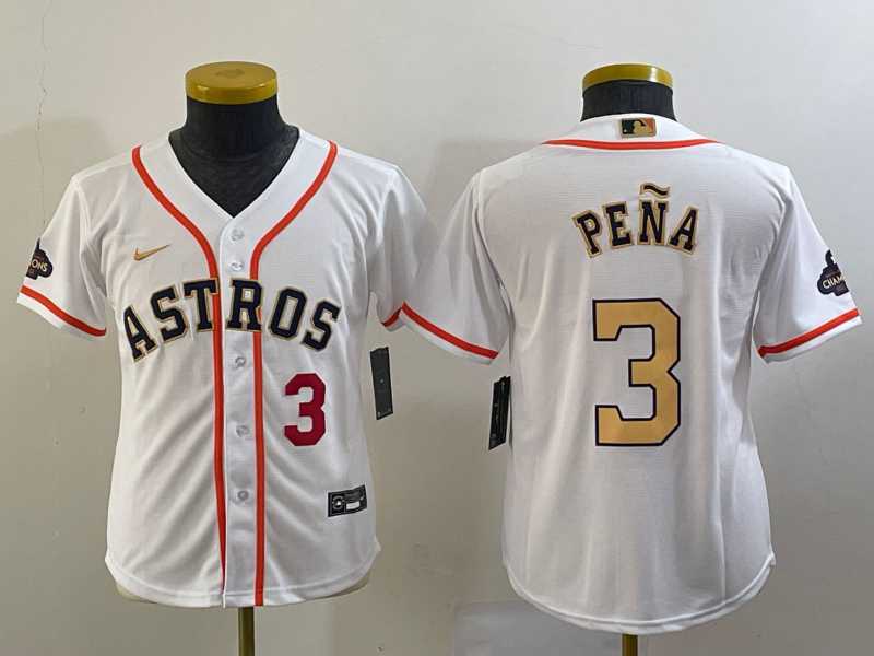 Youth Houston Astros #3 Jeremy Pena Number 2023 White Gold World Serise Champions Patch Cool Base Stitched Jerseys,We sell and wholesale Youth Houston Astros #3 Jeremy Pena Number 2023 White Gold World Serise Champions Patch Cool Base Stitched Jerseys on line form chian!