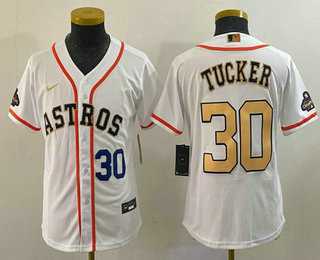 Youth Houston Astros #30 Kyle Tucker Number 2023 White Gold World Serise Champions Patch Cool Base Jersey,We sell and wholesale Youth Houston Astros #30 Kyle Tucker Number 2023 White Gold World Serise Champions Patch Cool Base Jersey on line form chian!