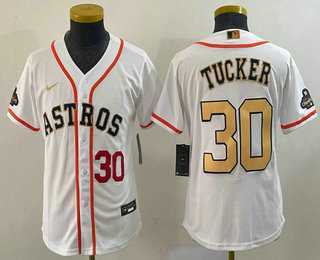 Youth Houston Astros #30 Kyle Tucker Number 2023 White Gold World Serise Champions Patch Cool Base Stitched Jersey,We sell and wholesale Youth Houston Astros #30 Kyle Tucker Number 2023 White Gold World Serise Champions Patch Cool Base Stitched Jersey on line form chian!