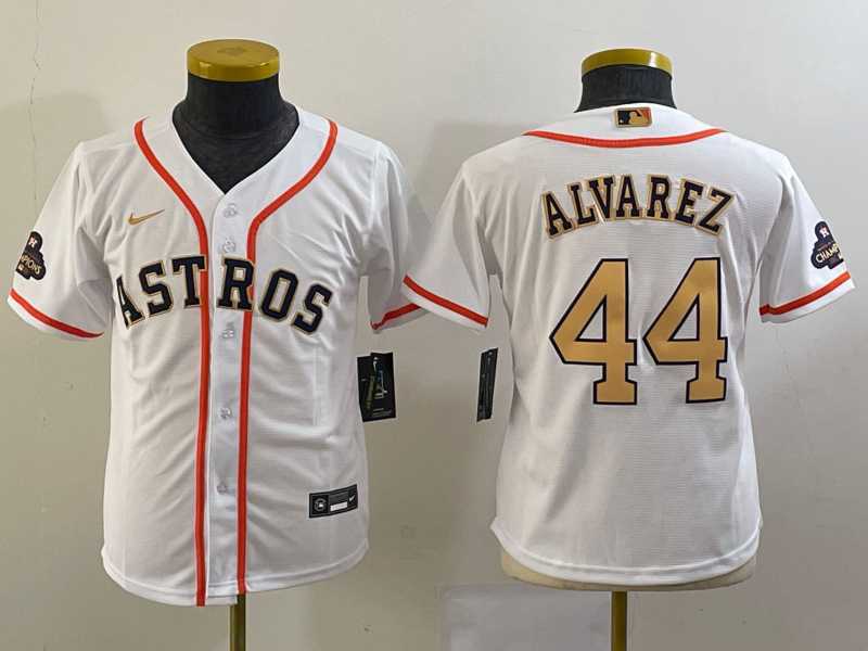 Youth Houston Astros #44 Yordan Alvarez 2023 White Gold World Serise Champions Patch Cool Base Stitched Jersey,We sell and wholesale Youth Houston Astros #44 Yordan Alvarez 2023 White Gold World Serise Champions Patch Cool Base Stitched Jersey on line form chian!