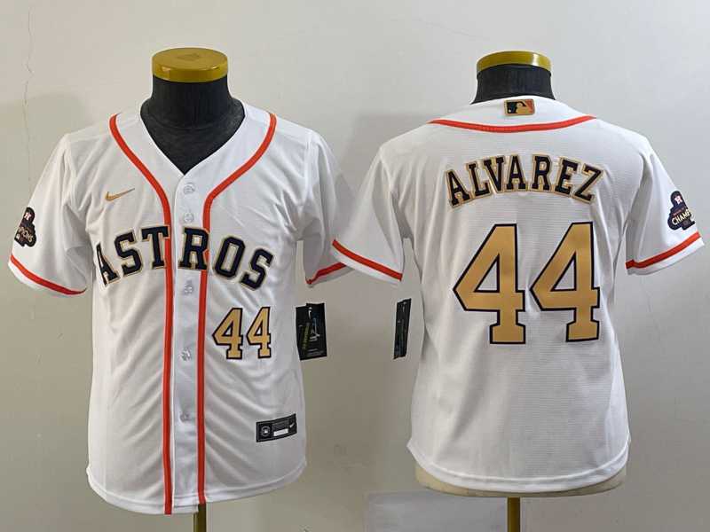 Youth Houston Astros #44 Yordan Alvarez Number 2023 White Gold World Serise Champions Patch Cool Base Stitched Jersey,We sell and wholesale Youth Houston Astros #44 Yordan Alvarez Number 2023 White Gold World Serise Champions Patch Cool Base Stitched Jersey on line form chian!