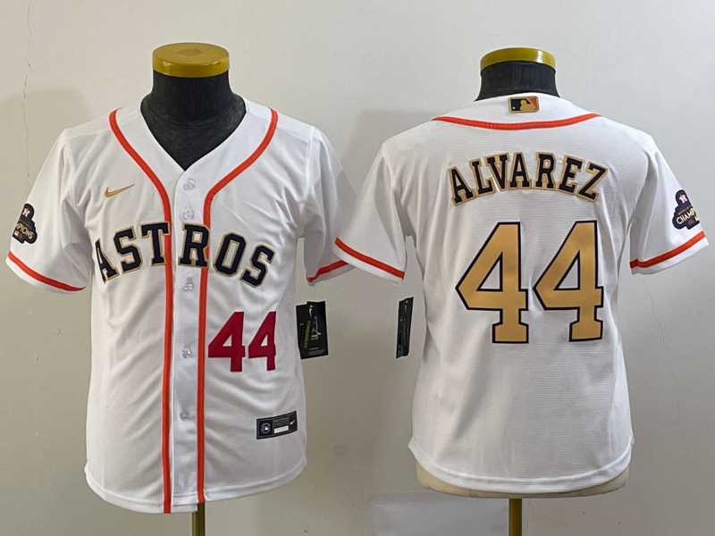 Youth Houston Astros #44 Yordan Alvarez Number 2023 White Gold World Serise Champions Patch Cool Base Stitched Jerseys,We sell and wholesale Youth Houston Astros #44 Yordan Alvarez Number 2023 White Gold World Serise Champions Patch Cool Base Stitched Jerseys on line form chian!
