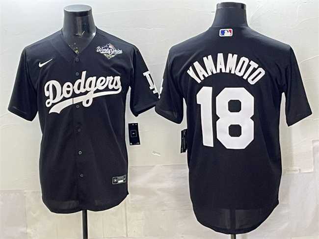 Men's Los Angeles Dodgers #18 Yoshinobu Yamamoto Black 2025 World Series Patch Cool Base Stitched Jersey,We sell and wholesale Men's Los Angeles Dodgers #18 Yoshinobu Yamamoto Black 2025 World Series Patch Cool Base Stitched Jersey on line form chian!
