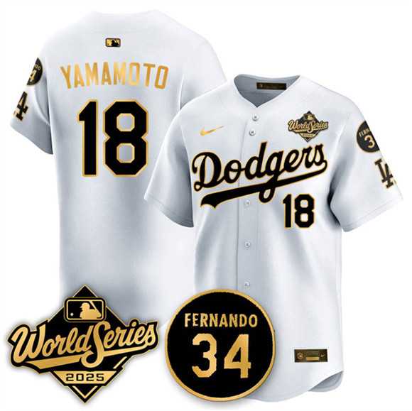 Men's Los Angeles Dodgers #18 Yoshinobu Yamamoto White Gold 2025 World Series With No.34 Patch Limited Stitched Jersey,We sell and wholesale Men's Los Angeles Dodgers #18 Yoshinobu Yamamoto White Gold 2025 World Series With No.34 Patch Limited Stitched Jersey on line form chian!