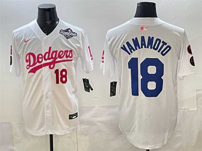 Men's Los Angeles Dodgers #18 Yoshinobu Yamamoto White Pink 2025 World Series Vin & Kobe Patch Limited Stitched Jersey,We sell and wholesale Men's Los Angeles Dodgers #18 Yoshinobu Yamamoto White Pink 2025 World Series Vin & Kobe Patch Limited Stitched Jersey on line form chian!