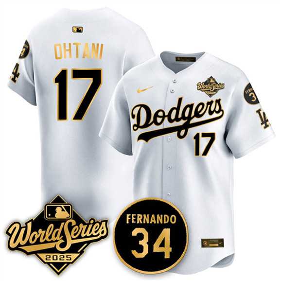 Men's Los Angeles Dodgers #17 Shohei Ohtani White Gold 2025 World Series With No.34 Patch Limited Stitched Jersey,We sell and wholesale Men's Los Angeles Dodgers #17 Shohei Ohtani White Gold 2025 World Series With No.34 Patch Limited Stitched Jersey on line form chian!