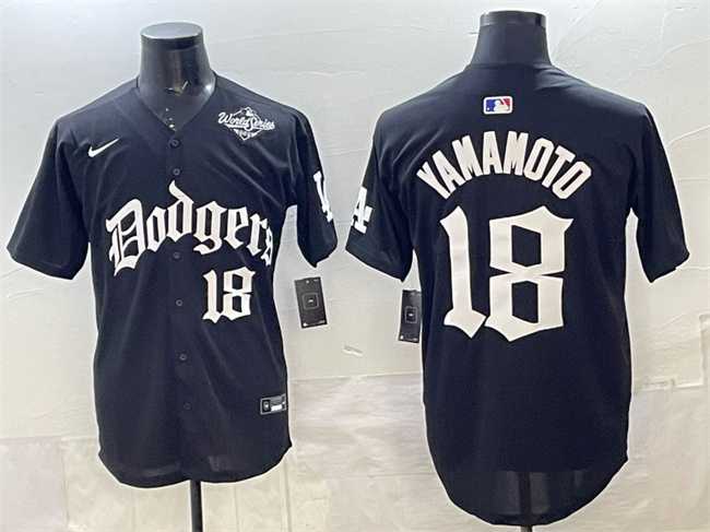 Men's Los Angeles Dodgers #18 Yoshinobu Yamamoto Black 2025 LA Gothic Style With 2025 World Series Patch Vapor Premier Limited Stitched Jersey,We sell and wholesale Men's Los Angeles Dodgers #18 Yoshinobu Yamamoto Black 2025 LA Gothic Style With 2025 World Series Patch Vapor Premier Limited Stitched Jersey on line form chian!