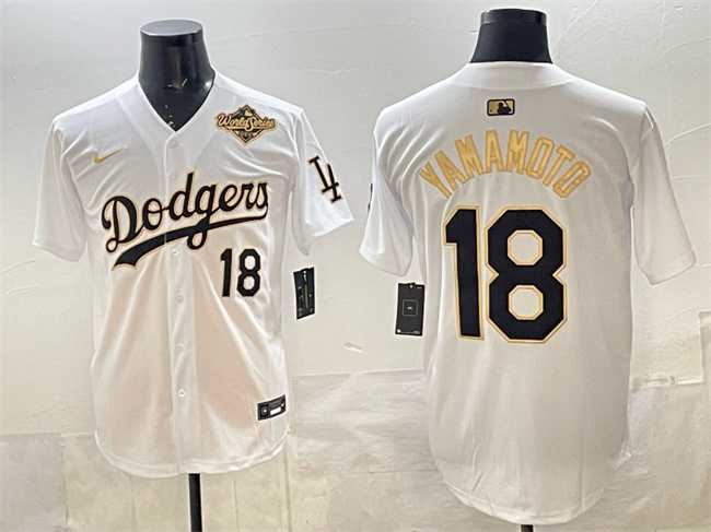 Men's Los Angeles Dodgers #18 Yoshinobu Yamamoto White Gold 2025 World Series Patch Limited Stitched Jersey,We sell and wholesale Men's Los Angeles Dodgers #18 Yoshinobu Yamamoto White Gold 2025 World Series Patch Limited Stitched Jersey on line form chian!