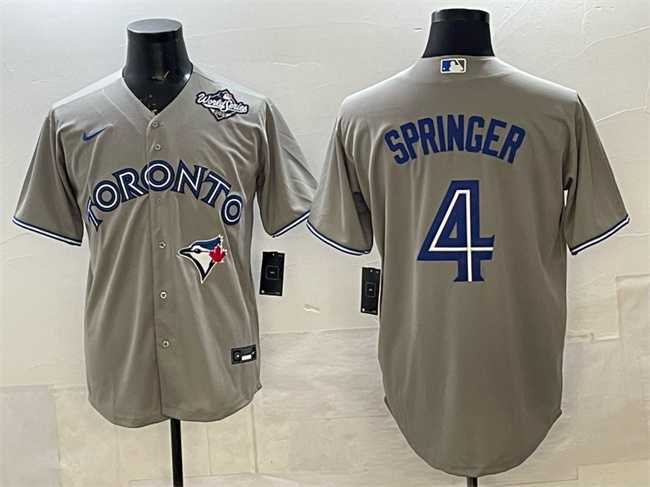 Men's Toronto Blue Jays #4 George Springer Gray 2025 World Series Cool Base Stitched Jersey,We sell and wholesale Men's Toronto Blue Jays #4 George Springer Gray 2025 World Series Cool Base Stitched Jersey on line form chian!