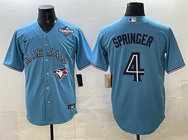 Men's Toronto Blue Jays #4 George Springer Blue 2025 World Series Cool Base Stitched Jersey,We sell and wholesale Men's Toronto Blue Jays #4 George Springer Blue 2025 World Series Cool Base Stitched Jersey on line form chian!