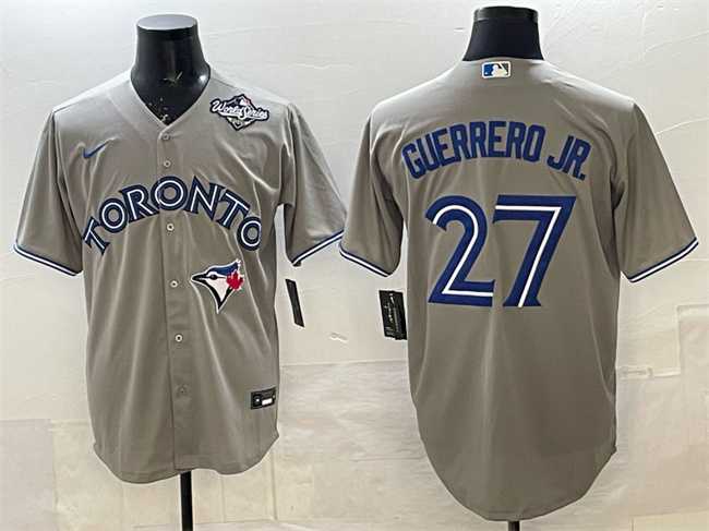 Men's Toronto Blue Jays #27 Vladimir Guerrero Jr. Gray 2025 World Series Cool Base Stitched Jersey,We sell and wholesale Men's Toronto Blue Jays #27 Vladimir Guerrero Jr. Gray 2025 World Series Cool Base Stitched Jersey on line form chian!