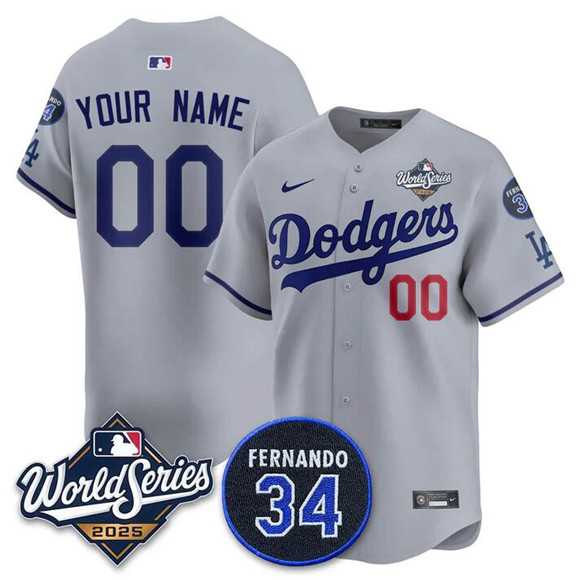 Men's Los Angeles Dodgers ACTIVE PLAYER Custom Gray 2025 World Series With No. 34 Patch Limited Stitched Jersey,We sell and wholesale Men's Los Angeles Dodgers ACTIVE PLAYER Custom Gray 2025 World Series With No. 34 Patch Limited Stitched Jersey on line form chian!