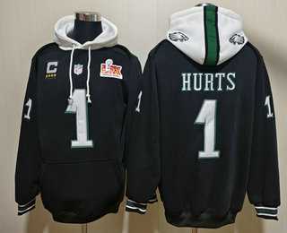 Men's Philadelphia Eagles #1 Jalen Hurts Black Super Bowl LIX Pullover Hoodie,We sell and wholesale Men's Philadelphia Eagles #1 Jalen Hurts Black Super Bowl LIX Pullover Hoodie on line form chian!
