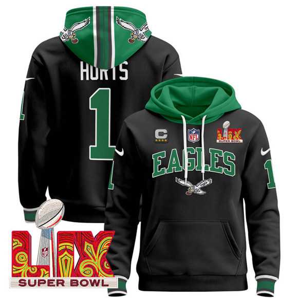 Men's Philadelphia Eagles #1 Jalen Hurts Black 2025 Super Bowl LIX With 4-Star C Patch Pullover Stitched Hoodie,We sell and wholesale Men's Philadelphia Eagles #1 Jalen Hurts Black 2025 Super Bowl LIX With 4-Star C Patch Pullover Stitched Hoodie on line form chian!