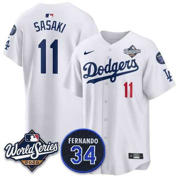 Men's Los Angeles Dodgers #11 Roki Sasaki White 2025 World Series With No. 34 Patch Limited Stitched Jersey,We sell and wholesale Men's Los Angeles Dodgers #11 Roki Sasaki White 2025 World Series With No. 34 Patch Limited Stitched Jersey on line form chian!