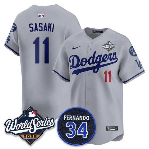 Men's Los Angeles Dodgers #11 Roki Sasaki Gray 2025 World Series With No. 34 Patch Limited Stitched Jersey,We sell and wholesale Men's Los Angeles Dodgers #11 Roki Sasaki Gray 2025 World Series With No. 34 Patch Limited Stitched Jersey on line form chian!