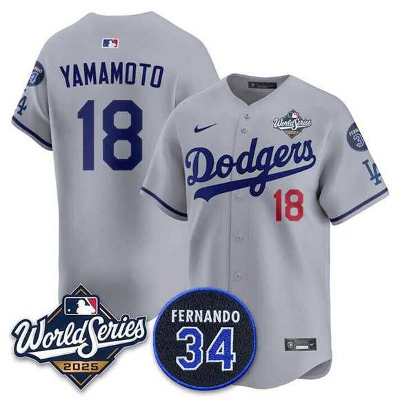 Men's Los Angeles Dodgers #18 Yoshinobu Yamamoto Gray 2025 World Series With No. 34 Patch Limited Stitched Jersey,We sell and wholesale Men's Los Angeles Dodgers #18 Yoshinobu Yamamoto Gray 2025 World Series With No. 34 Patch Limited Stitched Jersey on line form chian!