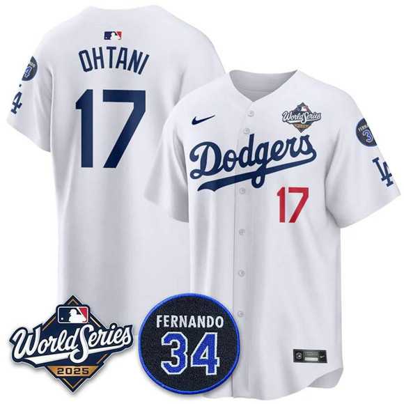 Men's Los Angeles Dodgers #17 Shohei Ohtani White 2025 World Series With No. 34 Patch Limited Stitched Jersey,We sell and wholesale Men's Los Angeles Dodgers #17 Shohei Ohtani White 2025 World Series With No. 34 Patch Limited Stitched Jersey on line form chian!