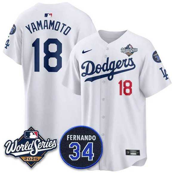 Men's Los Angeles Dodgers #18 Yoshinobu Yamamoto White 2025 World Series With No. 34 Patch Limited Stitched Jersey,We sell and wholesale Men's Los Angeles Dodgers #18 Yoshinobu Yamamoto White 2025 World Series With No. 34 Patch Limited Stitched Jersey on line form chian!