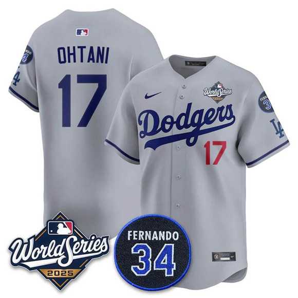 Men's Los Angeles Dodgers #17 Shohei Ohtani Gray 2025 World Series With No. 34 Patch Limited Stitched Jersey,We sell and wholesale Men's Los Angeles Dodgers #17 Shohei Ohtani Gray 2025 World Series With No. 34 Patch Limited Stitched Jersey on line form chian!