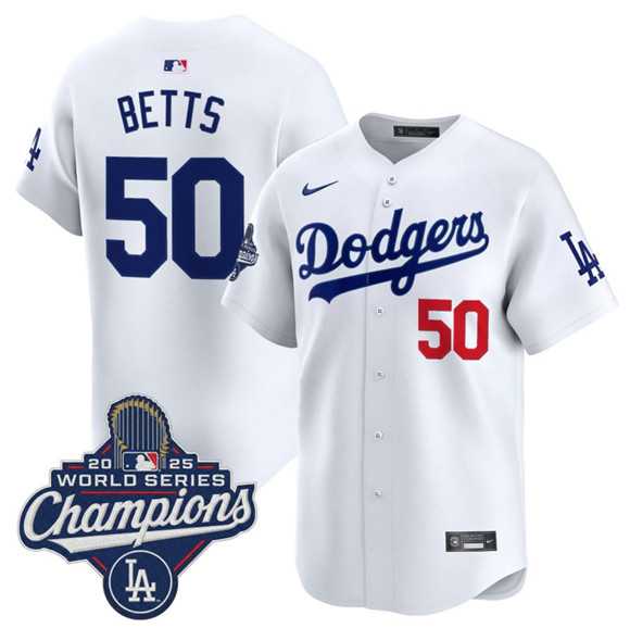Men's Los Angeles Dodgers #50 Mookie Betts White 2025 Champions Stitched Jersey,We sell and wholesale Men's Los Angeles Dodgers #50 Mookie Betts White 2025 Champions Stitched Jersey on line form chian!