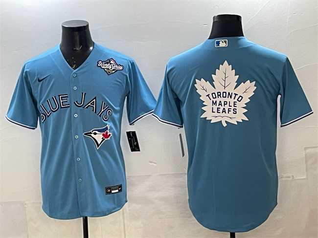 Men's Toronto Blue Jays & Leafs Blue 2025 World Series With White Leafs Logo Cool Base Stitched Jersey,We sell and wholesale Men's Toronto Blue Jays & Leafs Blue 2025 World Series With White Leafs Logo Cool Base Stitched Jersey on line form chian!