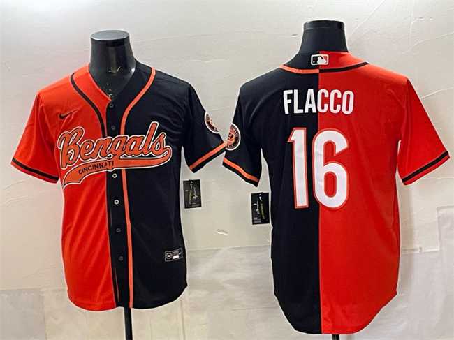 Men's Cincinnati Bengals #16 Joe Flacco Orange Black Split With Patch Cool Base Stitched Baseball Jersey,We sell and wholesale Men's Cincinnati Bengals #16 Joe Flacco Orange Black Split With Patch Cool Base Stitched Baseball Jersey on line form chian!