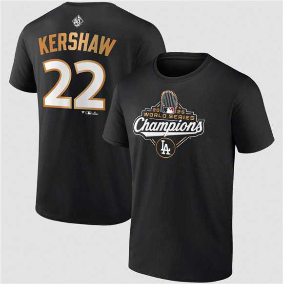 Men's Los Angeles Dodgers #22 Clayton Kershaw Black 2025 World Series Champions Name & Number T-Shirt,We sell and wholesale Men's Los Angeles Dodgers #22 Clayton Kershaw Black 2025 World Series Champions Name & Number T-Shirt on line form chian!