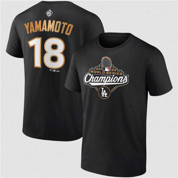 Men's Los Angeles Dodgers #18 Yoshinobu Yamamoto Black 2025 World Series Champions Name & Number T-Shirt,We sell and wholesale Men's Los Angeles Dodgers #18 Yoshinobu Yamamoto Black 2025 World Series Champions Name & Number T-Shirt on line form chian!