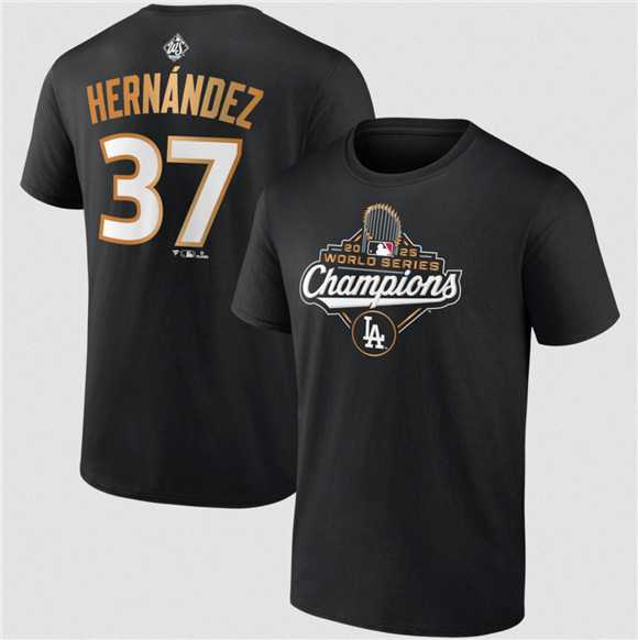 Men's Los Angeles Dodgers #37 Teoscar Hernandez Black 2025 World Series Champions Name & Number T-Shirt,We sell and wholesale Men's Los Angeles Dodgers #37 Teoscar Hernandez Black 2025 World Series Champions Name & Number T-Shirt on line form chian!