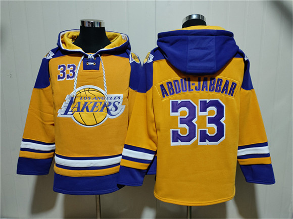 Men's Los Angeles Lakers #33 Kareem Abdul-Jabbar Yellow Lace-Up Pullover Hoodie,We sell and wholesale Men's Los Angeles Lakers #33 Kareem Abdul-Jabbar Yellow Lace-Up Pullover Hoodie on line form chian!