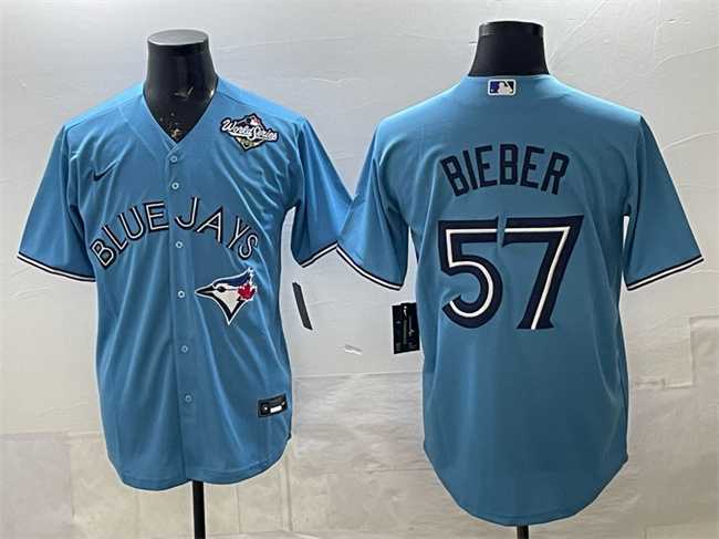 Men's Toronto Blue Jays #57 Shane Bieber Blue 2025 World Series Cool Base Stitched Jersey,We sell and wholesale Men's Toronto Blue Jays #57 Shane Bieber Blue 2025 World Series Cool Base Stitched Jersey on line form chian!