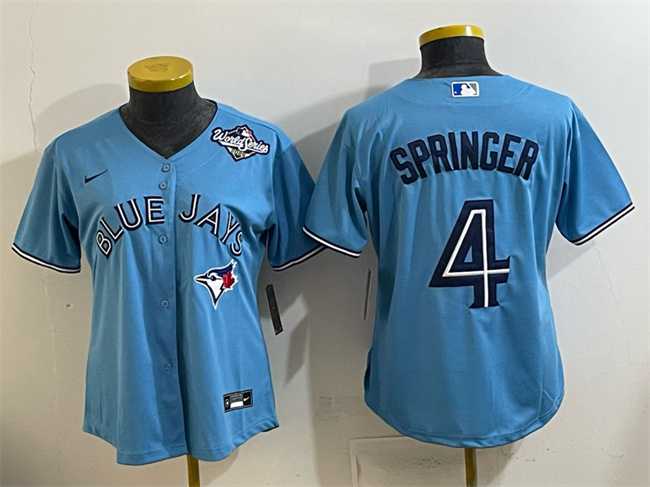 Women's Toronto Blue Jays #4 George Springer Blue 2025 World Series Cool Base Stitched Jersey(Run Small),We sell and wholesale Women's Toronto Blue Jays #4 George Springer Blue 2025 World Series Cool Base Stitched Jersey(Run Small) on line form chian!
