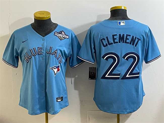 Women's Toronto Blue Jays #22 Ernie Clement Blue 2025 World Series Cool Base Stitched Jersey(Run Small),We sell and wholesale Women's Toronto Blue Jays #22 Ernie Clement Blue 2025 World Series Cool Base Stitched Jersey(Run Small) on line form chian!