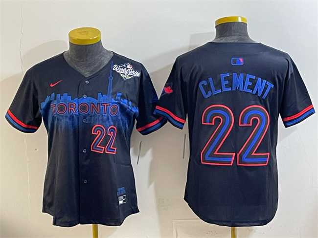 Women's Toronto Blue Jays #22 Ernie Clement Navy 2025 World Series City Connect Limited Stitched Jersey(Run Small),We sell and wholesale Women's Toronto Blue Jays #22 Ernie Clement Navy 2025 World Series City Connect Limited Stitched Jersey(Run Small) on line form chian!