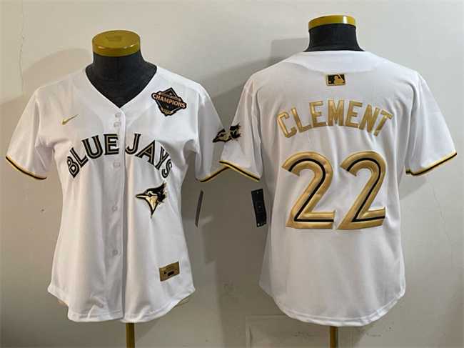 Women's Toronto Blue Jays #22 Ernie Clement White Gold 2025 American League Champions Limited Stitched Jersey Dzhi,We sell and wholesale Women's Toronto Blue Jays #22 Ernie Clement White Gold 2025 American League Champions Limited Stitched Jersey Dzhi on line form chian!