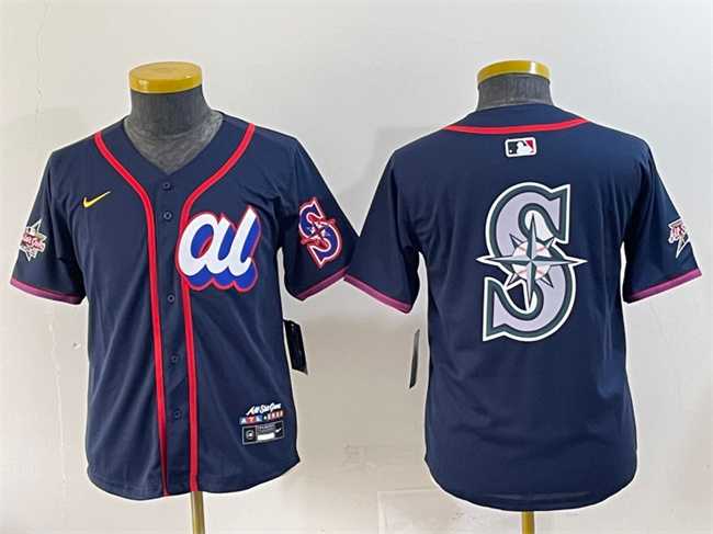 Women's American League Seattle Mariners Team Big Logo Navy 2025 All-Star Edition Limited Stitched Baseball Jersey(Run Small),We sell and wholesale Women's American League Seattle Mariners Team Big Logo Navy 2025 All-Star Edition Limited Stitched Baseball Jersey(Run Small) on line form chian!