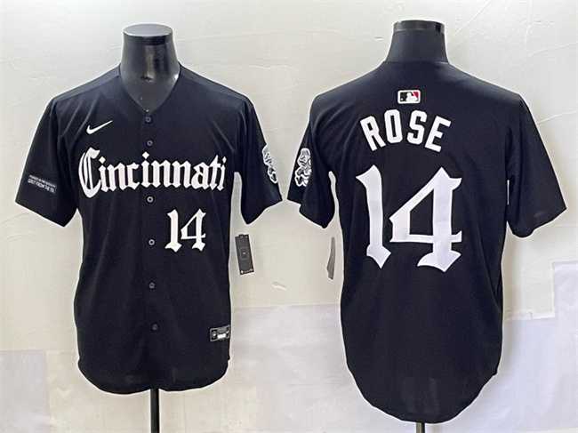 Men's Cincinnati Reds #14 Pete Rose Black 'Gothic Queen City Edition' Vapor Premier Limited Stitched Baseball Jersey,We sell and wholesale Men's Cincinnati Reds #14 Pete Rose Black 'Gothic Queen City Edition' Vapor Premier Limited Stitched Baseball Jersey on line form chian!