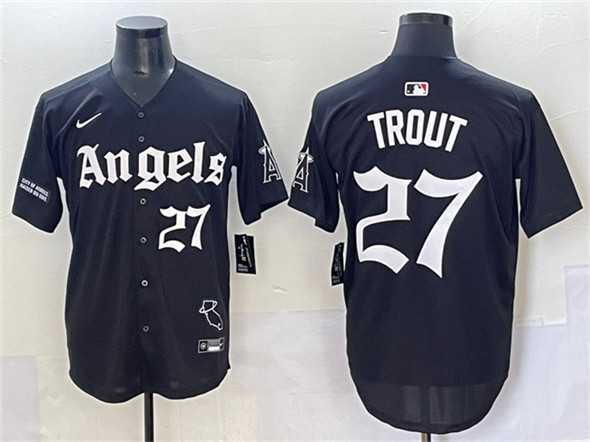 Men's Los Angeles Angels #27 Mike Trout Black 'Gothic Halo Edition' Vapor Limited Stitched Jersey,We sell and wholesale Men's Los Angeles Angels #27 Mike Trout Black 'Gothic Halo Edition' Vapor Limited Stitched Jersey on line form chian!