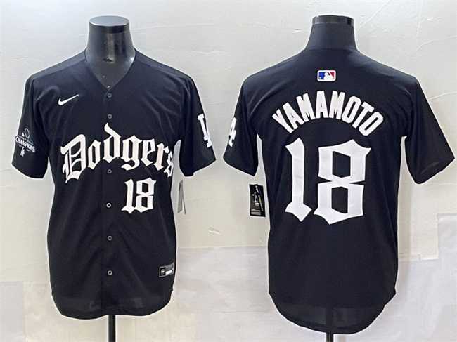 Men's Los Angeles Dodgers #18 Yoshinobu Yamamoto Black 2025 LA Gothic Style With 2024 World Series Champions Patch Vapor Premier Limited Stitched Baseball Jersey,We sell and wholesale Men's Los Angeles Dodgers #18 Yoshinobu Yamamoto Black 2025 LA Gothic Style With 2024 World Series Champions Patch Vapor Premier Limited Stitched Baseball Jersey on line form chian!