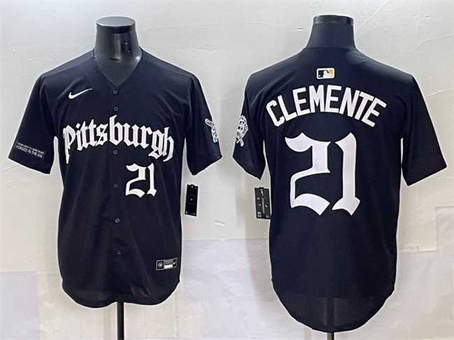 Men's Pittsburgh Pirates #21 Roberto Clemente Black 'Gothic Steel City Edition' Vapor Limited Stitched Baseball Jersey,We sell and wholesale Men's Pittsburgh Pirates #21 Roberto Clemente Black 'Gothic Steel City Edition' Vapor Limited Stitched Baseball Jersey on line form chian!