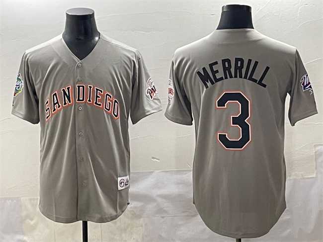 Men's San Diego Padres #3 Jackson Merrill Gray Fashion Throwback With Patch Cool Base Stitched Jersey,We sell and wholesale Men's San Diego Padres #3 Jackson Merrill Gray Fashion Throwback With Patch Cool Base Stitched Jersey on line form chian!