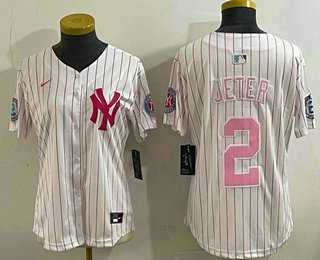 Women's New York Yankees #2 Derek Jeter White Pink Pinstripe Fashion Cool Base Jersey,We sell and wholesale Women's New York Yankees #2 Derek Jeter White Pink Pinstripe Fashion Cool Base Jersey on line form chian!